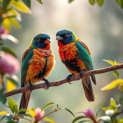 The primary subject of the image is a pair of colorful birds perched on a tree branch. The birds are positioned close to each other, creating a sense of companionship. The setting is a natural environment, with the birds sitting on a branch surrounded by leaves. The visual style of the image is a close-up of the birds, showcasing their vibrant colors and details. The colors and mood of the image are lively and cheerful, with the birds' vivid plumage and the lush green